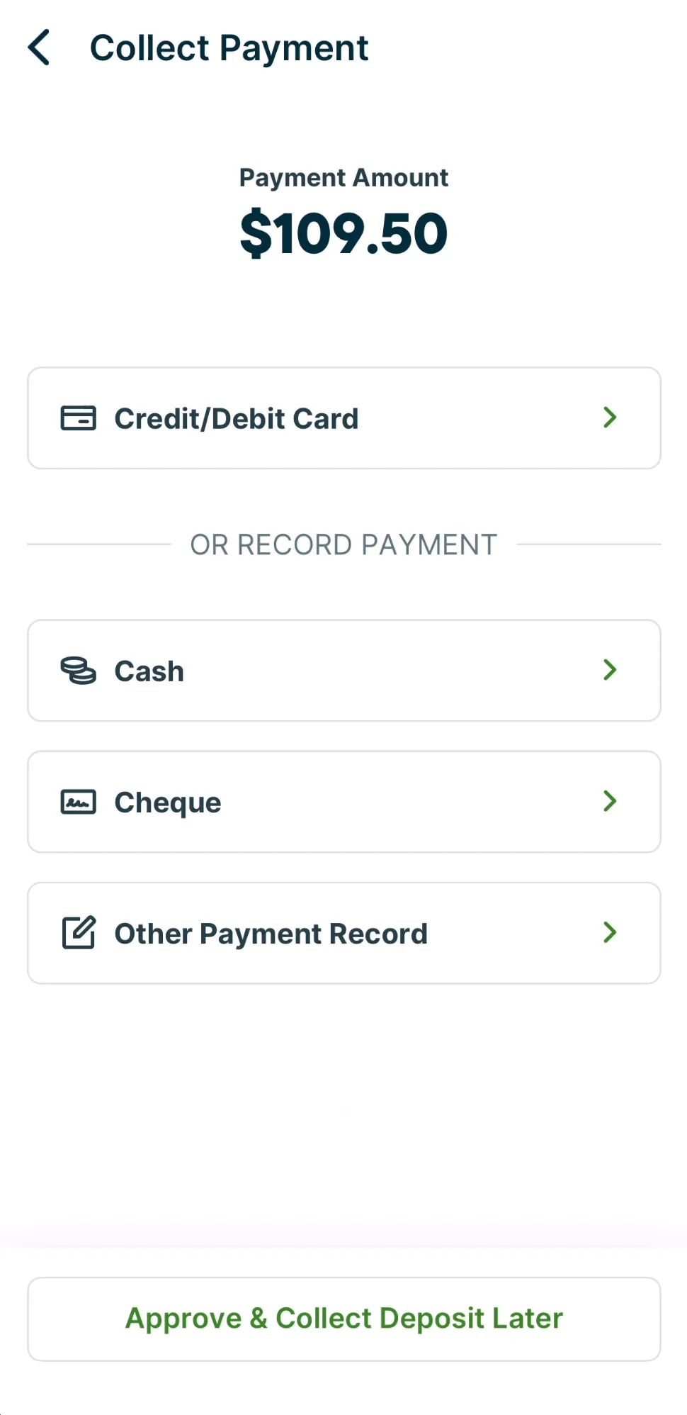 A screenshot showing the Collect Payment screen for quote deposits in the Jobber app.