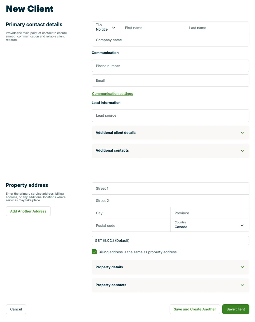 A screenshot showing the new client page. 