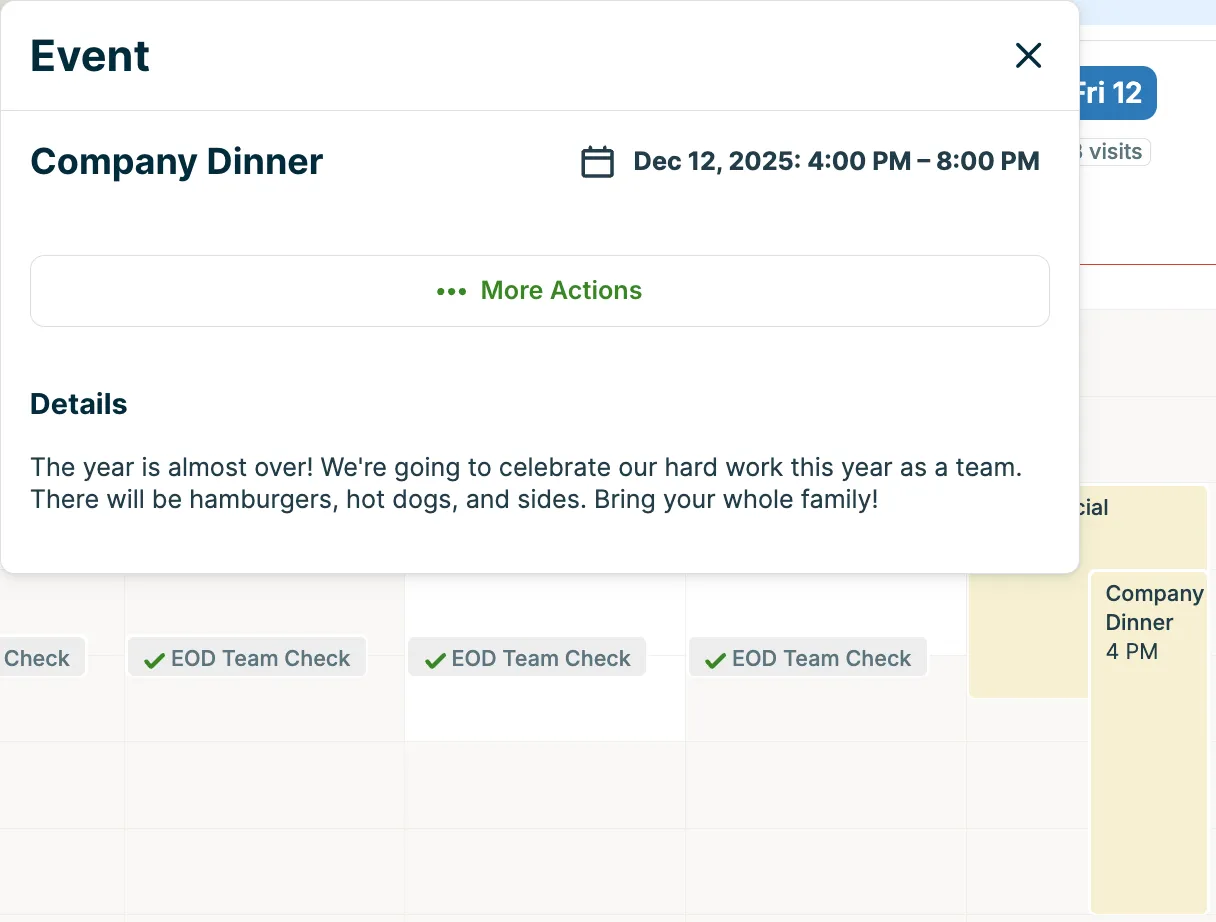 A screenshot showing an event's details pop-up on the calendar.