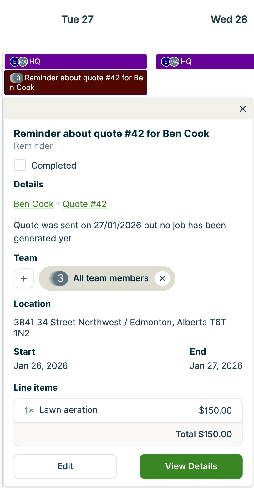 A screenshot showing a quote reminder block in the schedule and a pop-up showing its details.
