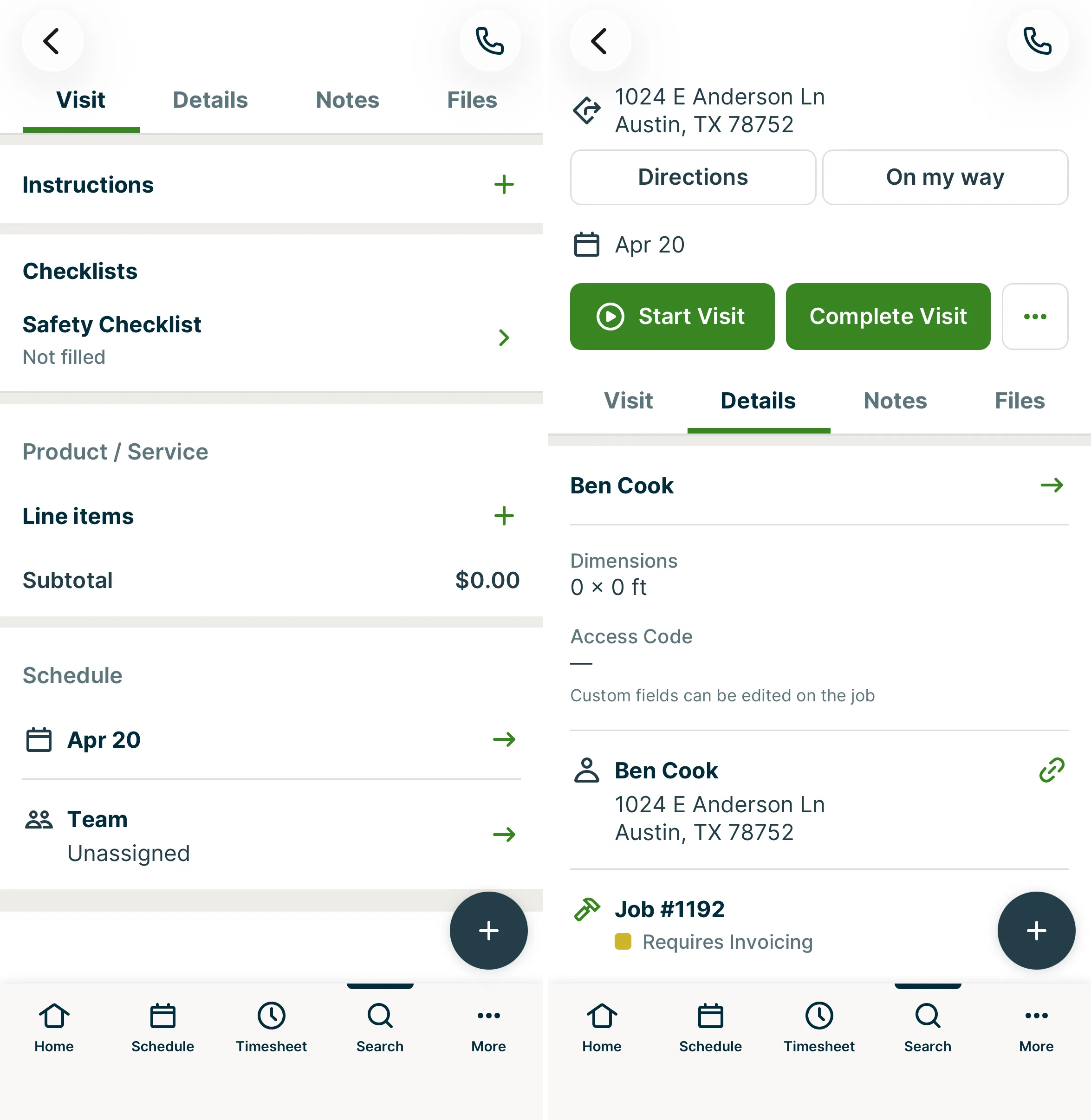 Two screenshots side-by-side, showing the Visit tab information and Details tab information on a visit in the Jobber app.