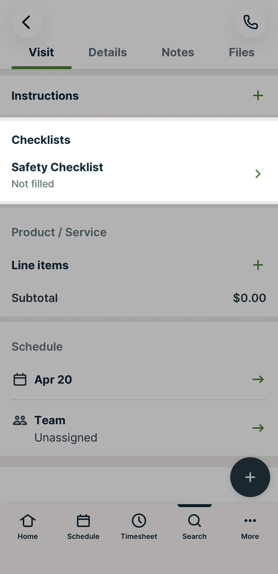 A screenshot highlighting the title of a checklist applied to a visit within the Jobber app.