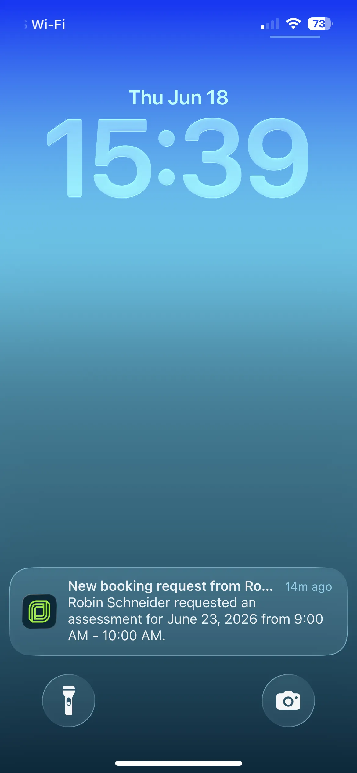 A screen capture of a smartphone push notification for a new booking request.