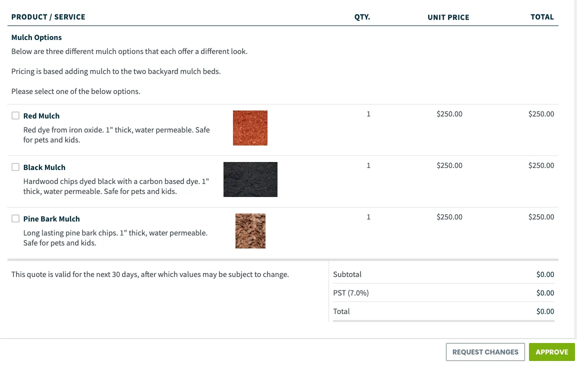 quote with different mulch options available