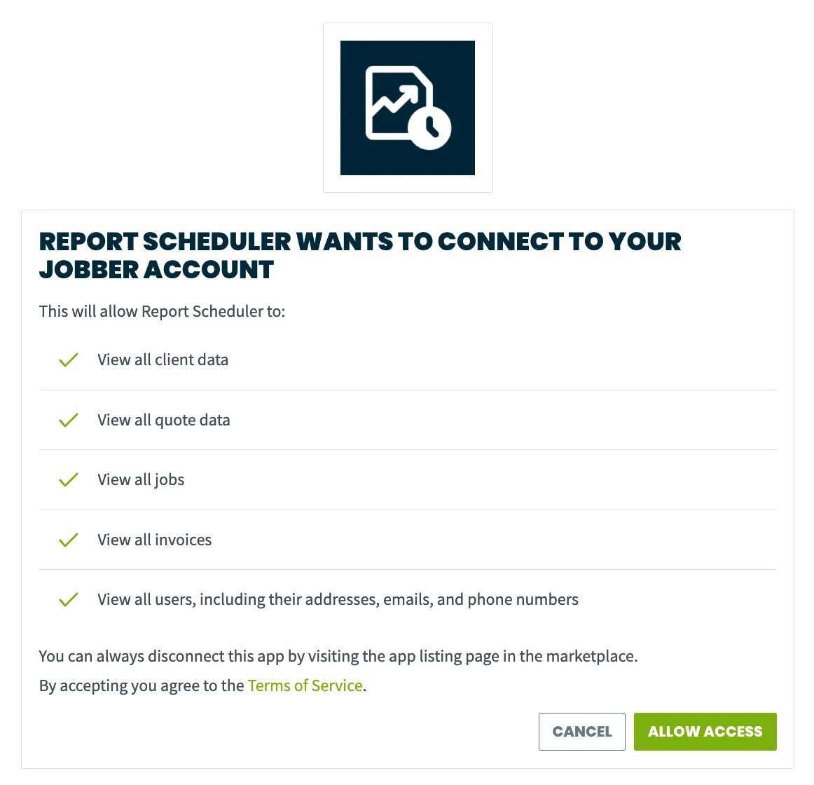 authorization screen to allow report scheduiler to connect to Jobber