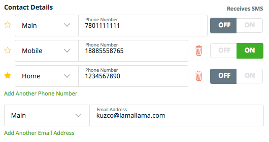 phone number fields for main, mobile, and home phone numbers. Field for main email address