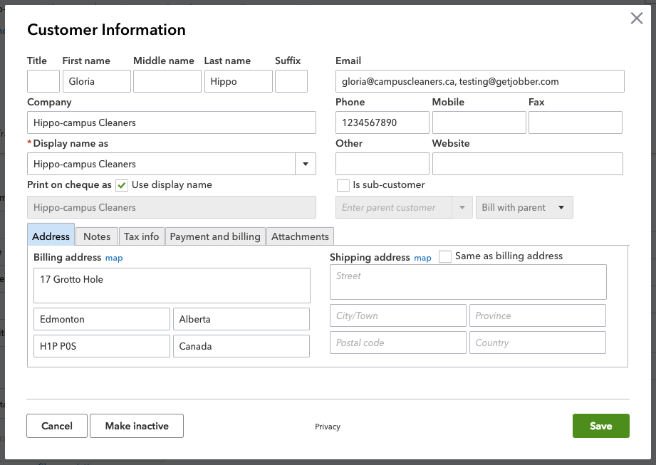 Customer information edit screen from QuickBooks