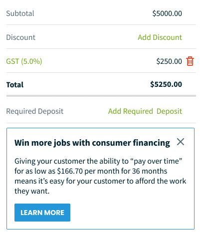 Quote subtotal with a prompt to learn more about consumer financing