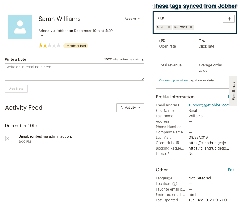 client in mailchip showing tags that synced from Jobber