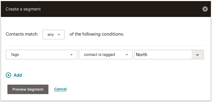 Create a segment screen from mailchimp with a segment being created based on tag