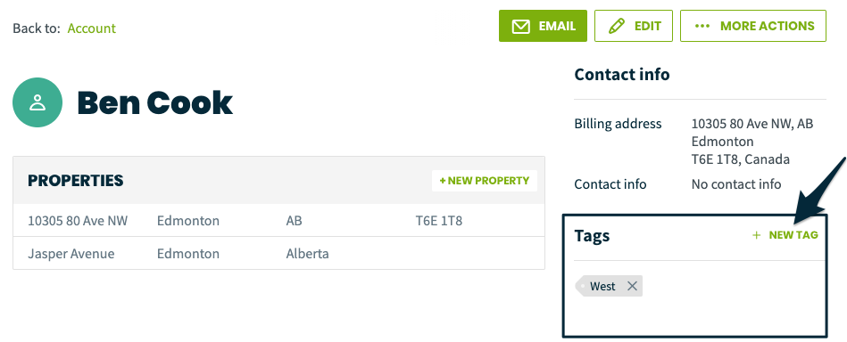client profile with an arrow pointing to the new tag button