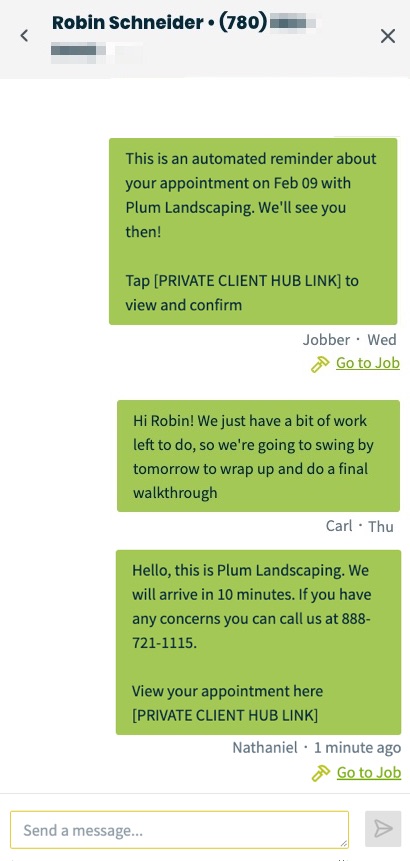 back and forth with a client where there are text messages sent from various Jobber users and their names are displayed