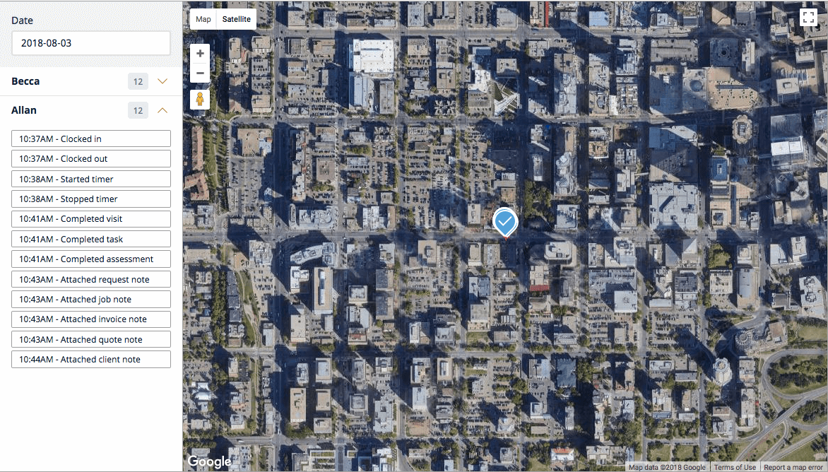 satellite map view with a map pin