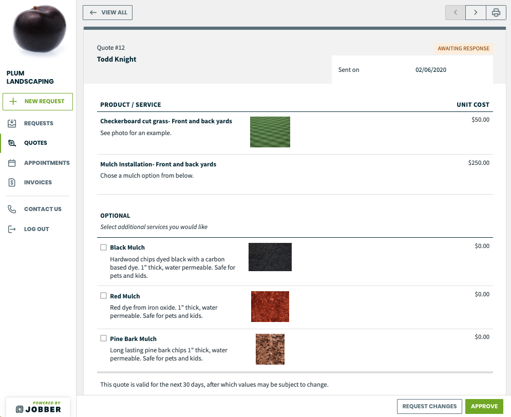 preview of the quote with line item images in client hub