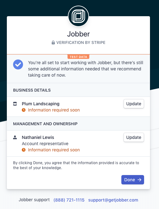 Verification details including business details and management and ownership
