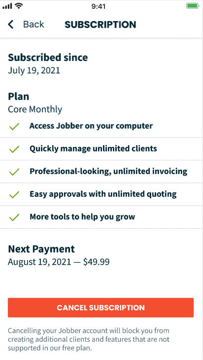 subscription page in the app with a button to cancel