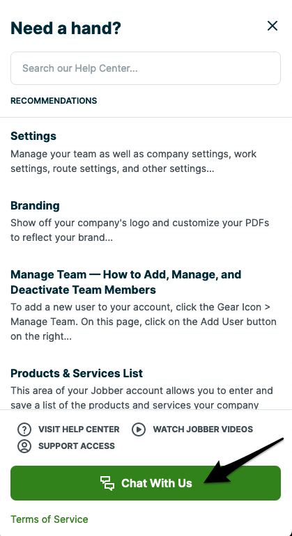 help drawer with an arrow pointing to a button to chat with us