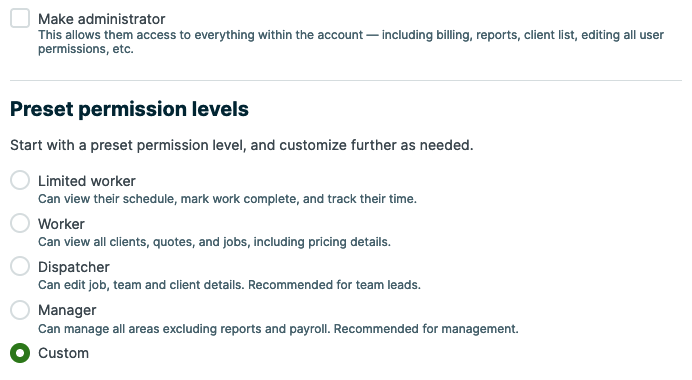 preset permission levels and an option for custom