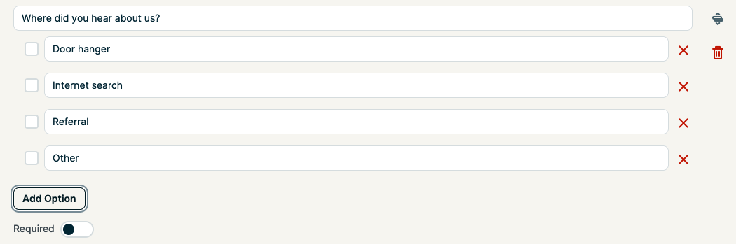 setup screen to add checkboxes to the request form