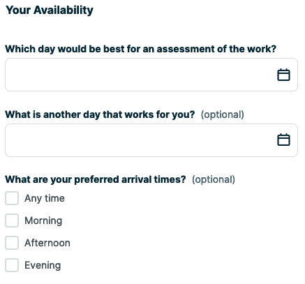 online booking section asking what day works for the client