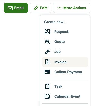 More actions menu with invoice highlighted