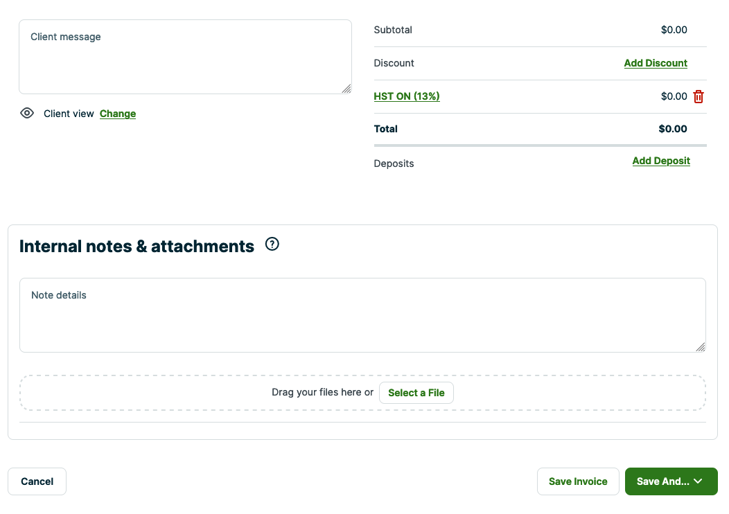 bottom of the invoice edit screen showing subtotal, discount, total, and internal note compose box