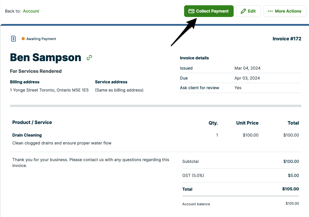 invoice with an arrow pointing to the collect payment button