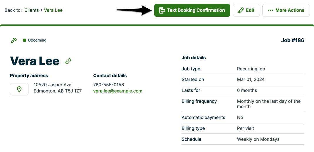 Job with an arrow pointing to a button for text booking confirmation