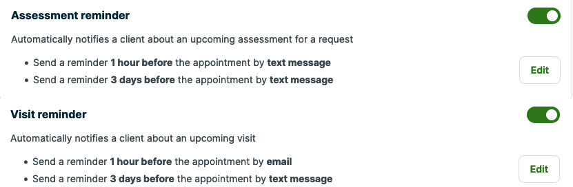Edit assessment and edit visit reminders