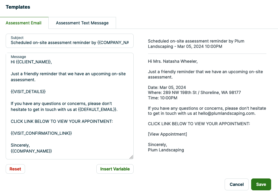 template and message preview