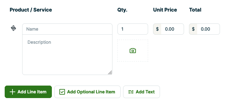 Empty line item showing the name, description, quantity, unit price, and total fields