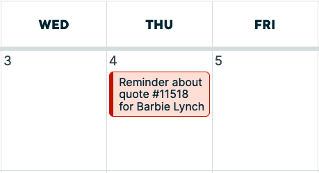 reminder to follow up on a quote on the month view of the calendar