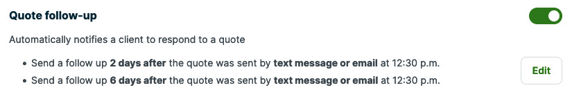 Email and text message settings for quotes, with quote follow-up toggled on