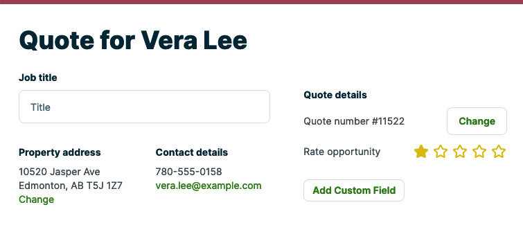 Heading of a quote showing the client name and property address, contact details, and star opportunity rating