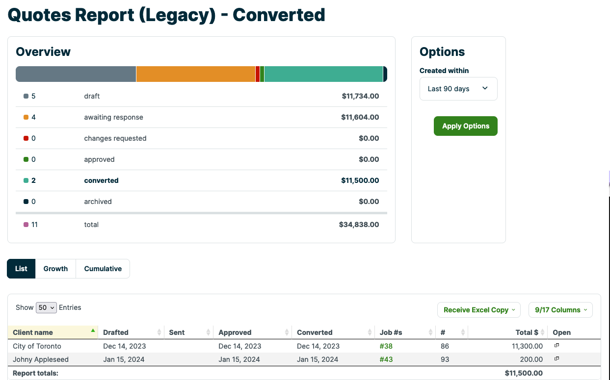 Quotes report, showing various quote stauses