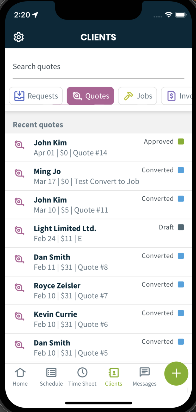 client list filtered by quotes