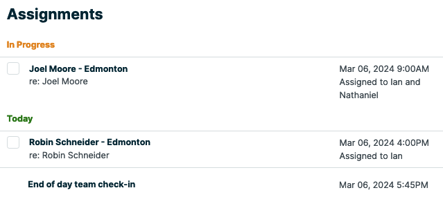 assignments section of the dashboard
