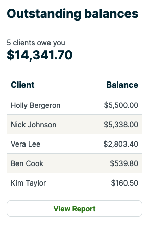 outstanding balances section of the dashboard