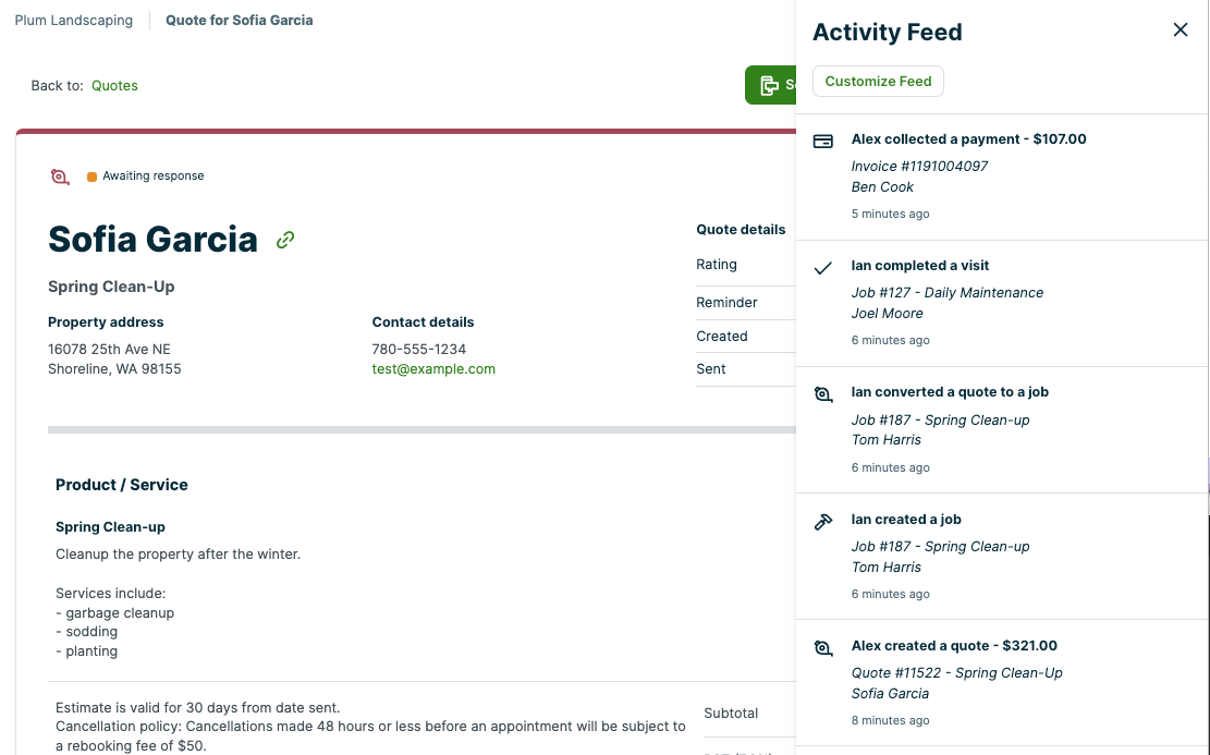 full screen view of a request in Jobber with the activity feed sidebar open
