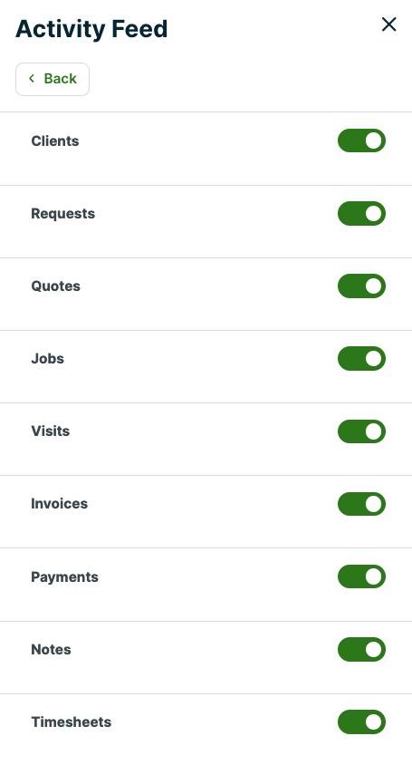 toggles to filter on or off different kinds of notifications for activity feed