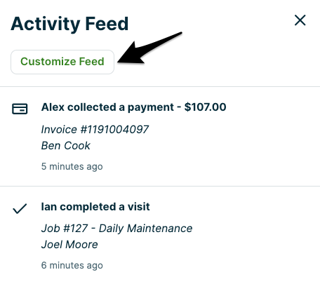 activity feed with an arrow pointing to the customize feed option.