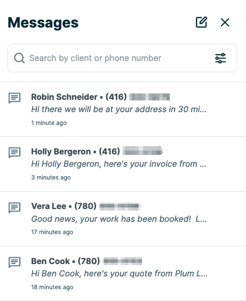 Message center with conversations with various clients