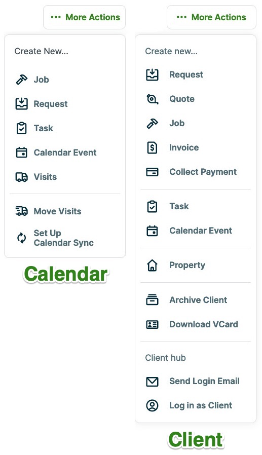 more actions menus from the calendar and client