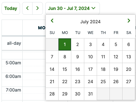 Date picker for the date range shown on the calendar