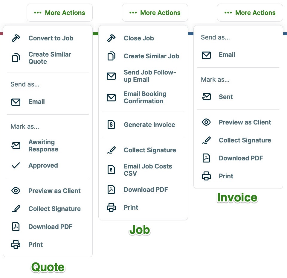 more actions menus from a quote, job, and invoice