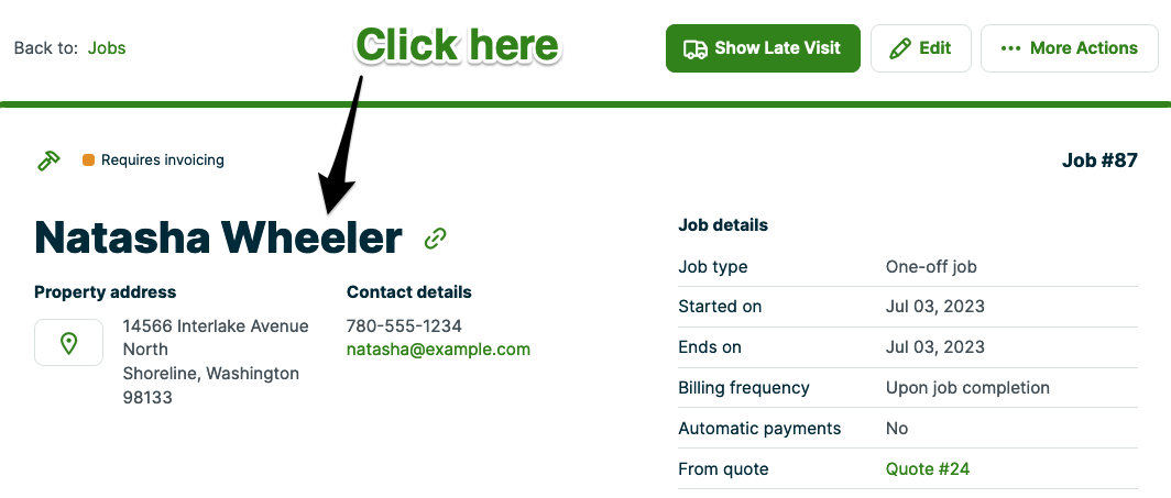 arrow pointing to a client name on a job