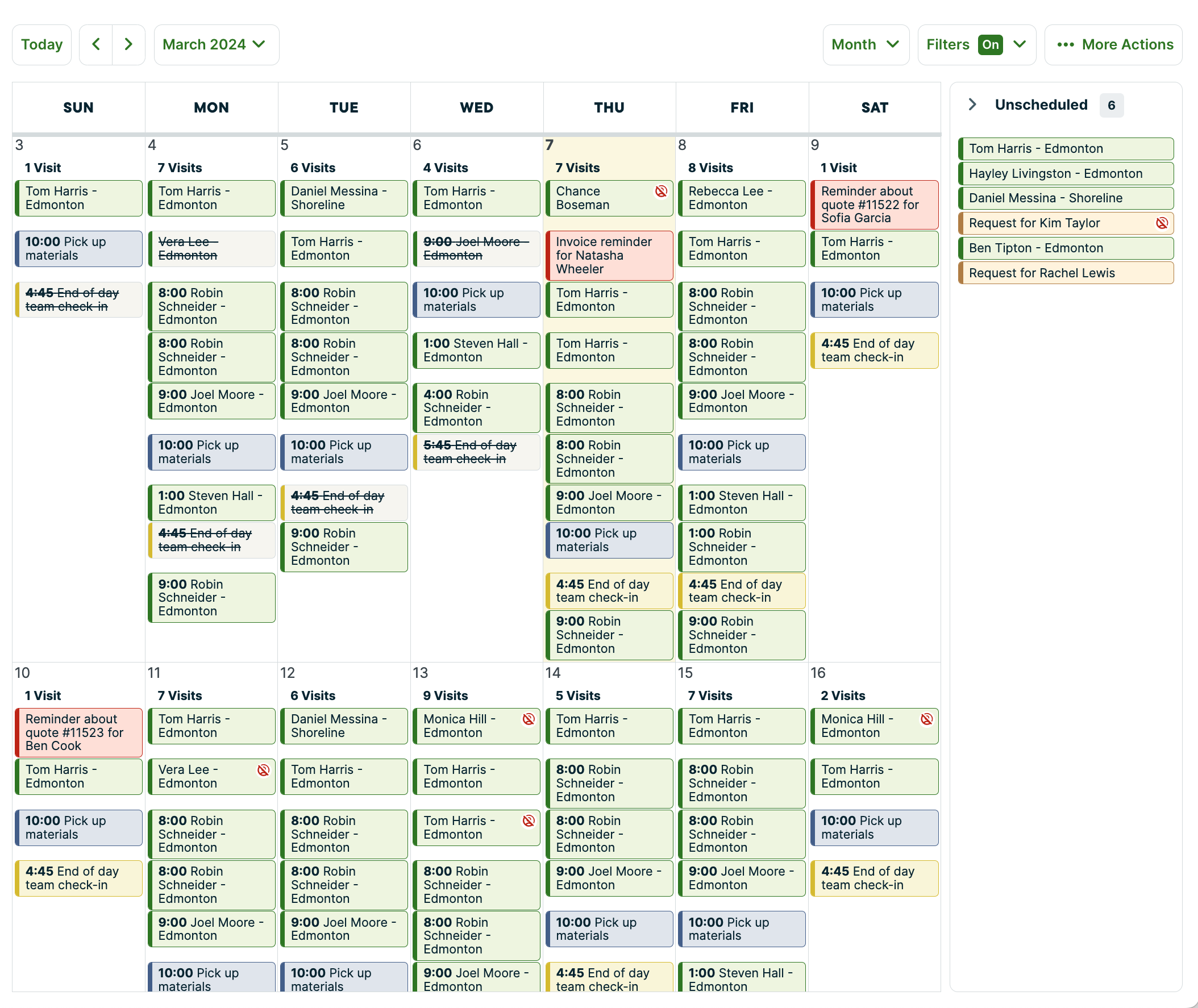 month view of the schedule with a mix of requests, visits, tasks, calendar events, and reminders throughout the month