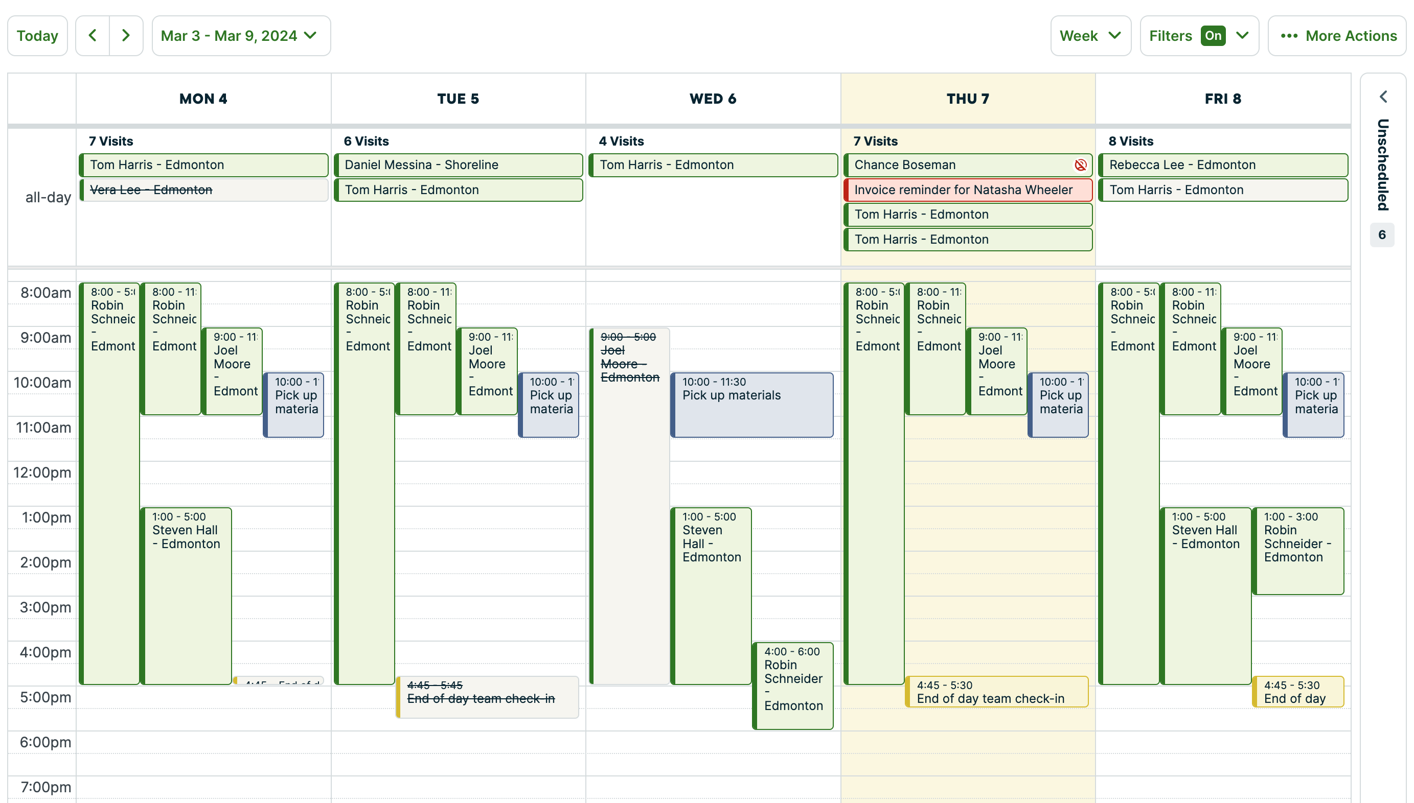 week view of the schedule with a mix of requests, visits, tasks, calendar events, and reminders throughout the week.