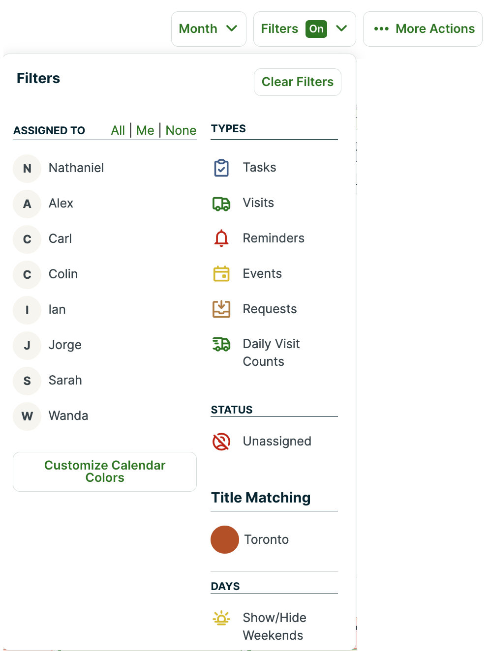 Schedule filter dropdown options