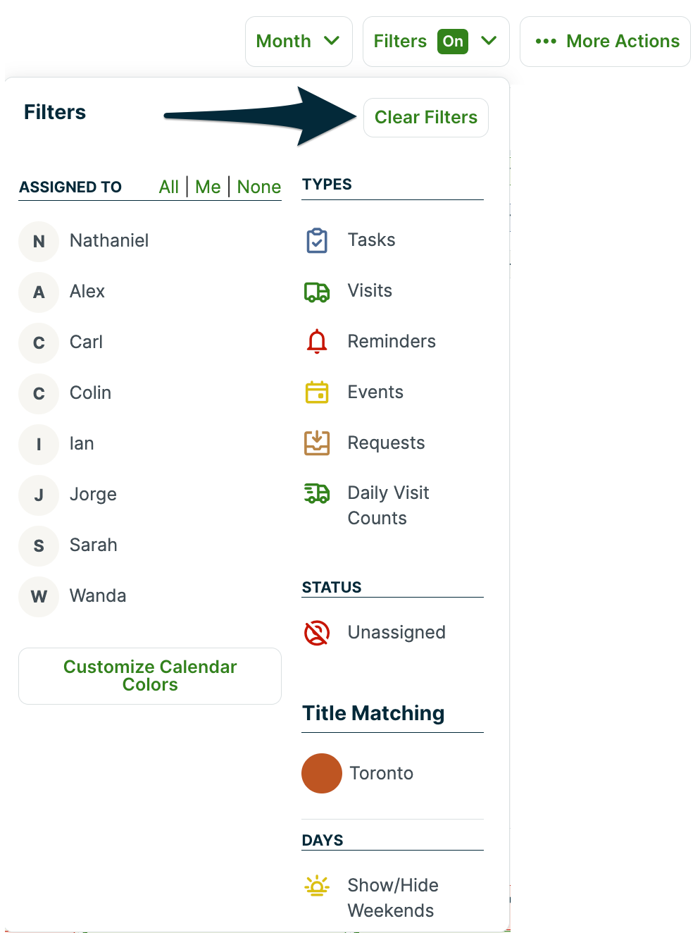 Schedule filter dropdown options with an arrow pointing to the clear filters button